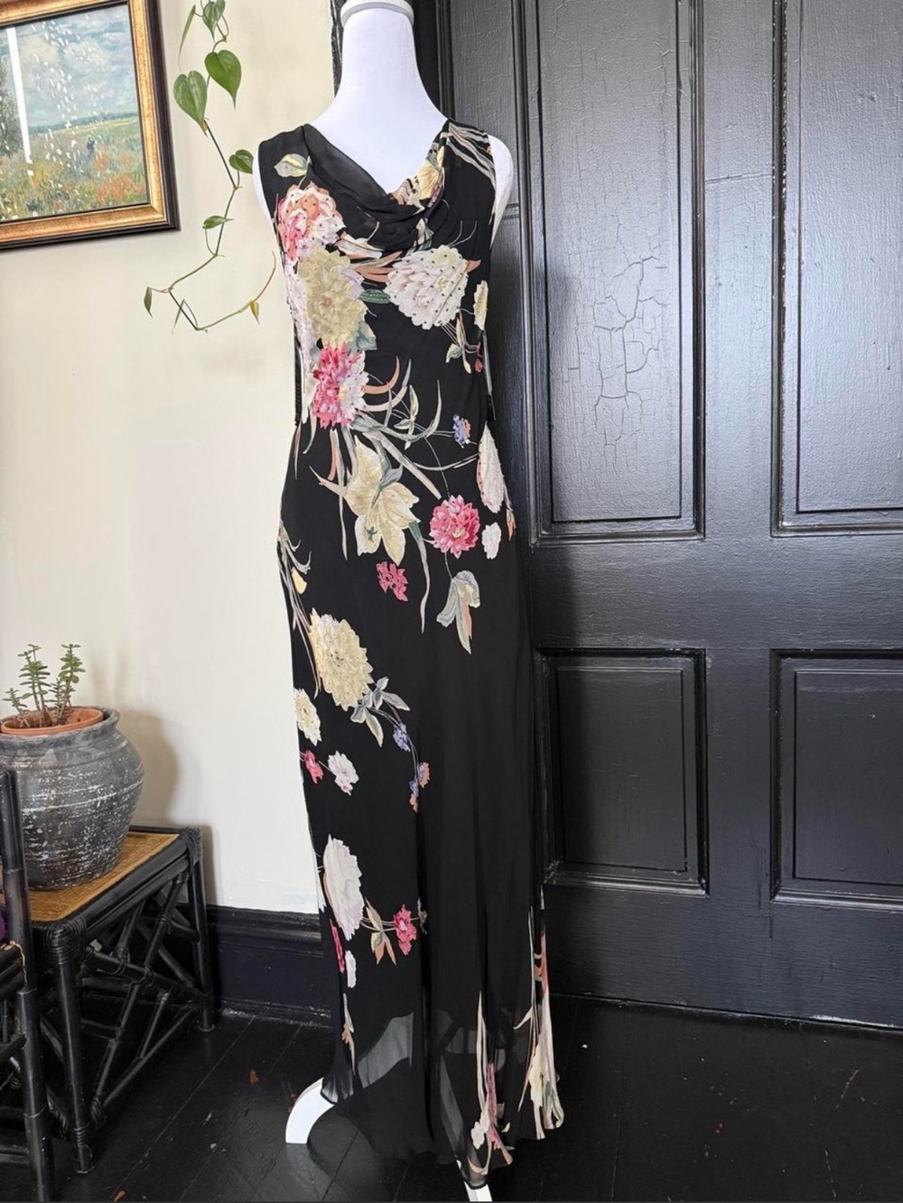 Eva Blue NWT 90s Black Beaded Floral Cowl Neck Rayon Maxi Dress